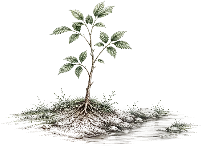 Illustration of a young tree growing beside water
